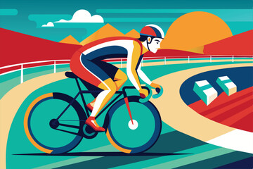 Fototapeta premium A cyclist in vibrant attire navigates a semi-flat track as the sun sets in the background, Track cycling Customizable Semi Flat Illustration