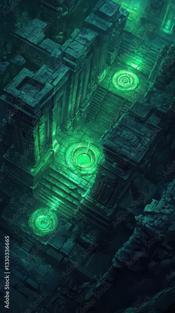 Poster an ancient stone structure with glowing green energy patterns