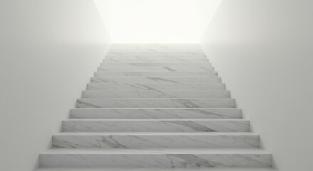 Minimalist 3D staircase made of marble, ascending into bright golden light