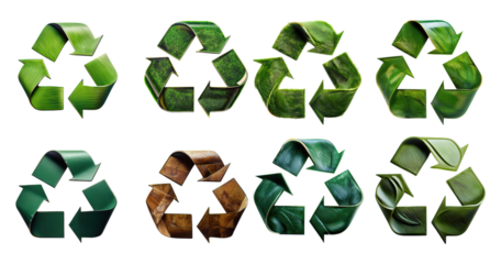 Variety of Green Recycle Symbols for Environmental Awareness and Sustainability, PNG bundle collection, Isolated on Transparent Background