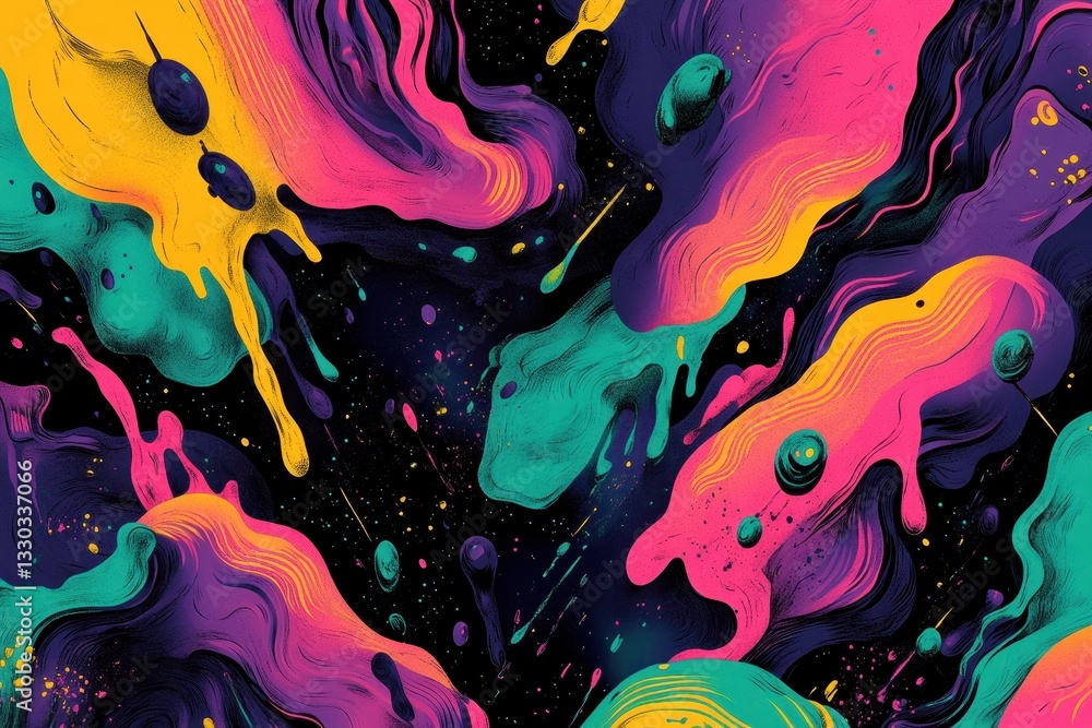 Poster colorful abstract art displaying vibrant fluid forms and dark spaces