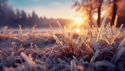 A mesmerizing shot of frost-covered grass at sunrise, each ice crystal glistening as it catches the early morning light, creating a serene and magical winter landscape.

