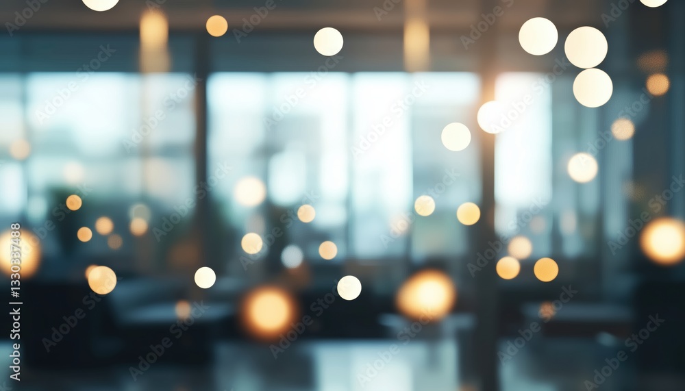 Poster abstract effect showcasing light and bokeh: blurred, spacious open office environment captured in st