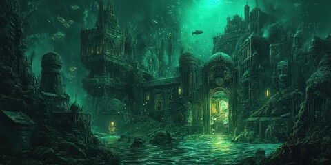 An ancient submerged city is illuminated under the ocean