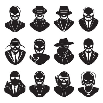 Mask of criminal bandits for hiding face black monochrome silhouette set vector flat Mask of criminal bandits for hiding face black monochrome silhouette set vector flat Gangster masks Skull 