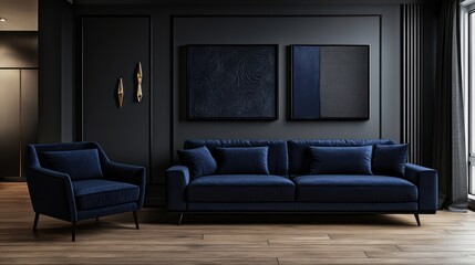 A modern living room featuring a deep navy blue sofa and matching armchair