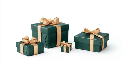 green gift box wrapped with gold bow and ribbon isolated on white background. 