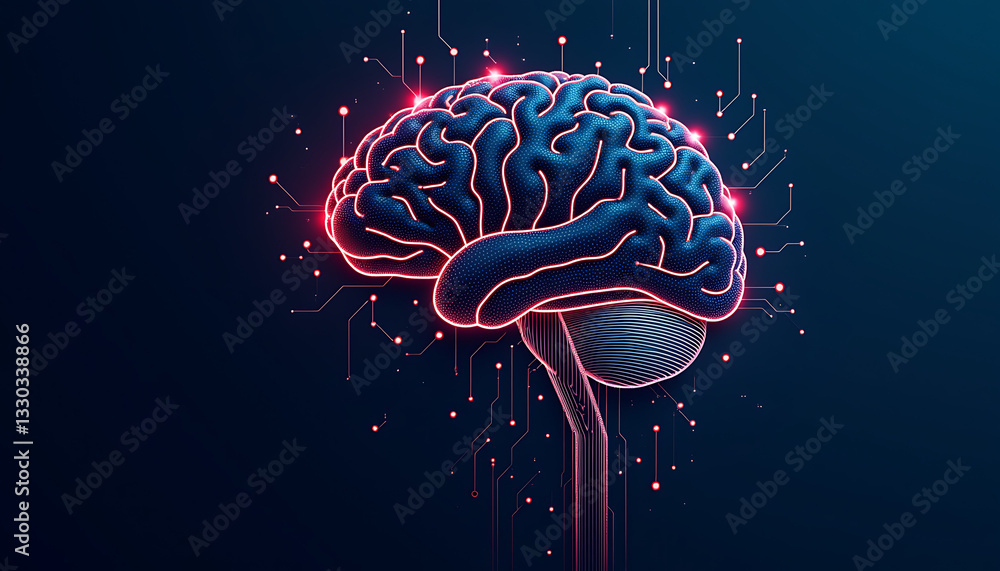 Poster neon brain with circuit patterns on dark blue background