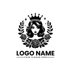 Elegant girl wearing a crown surrounded by flowers, royal feminine emblem design for beauty, fashion, and luxury branding