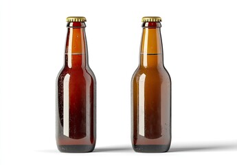 Two Brown Beer Bottles Standing Side by Side on White Background
