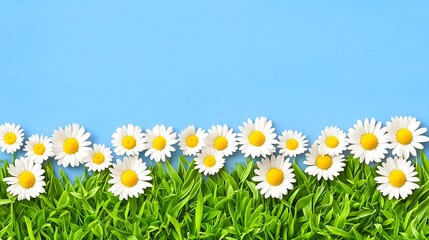 Daisies on grass with a blue background for web use