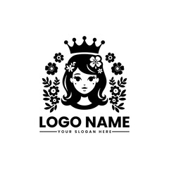 Minimalist elegant girl with floral crown, sleek royal feminine emblem for modern beauty and fashion branding