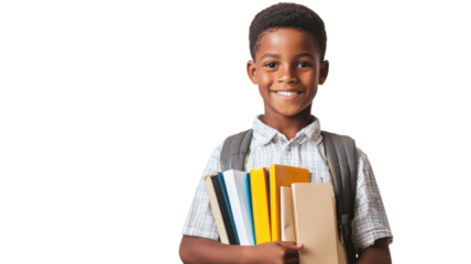 Cheerful boy carrying school books and smiling in a bright setting, showing excitement for learning