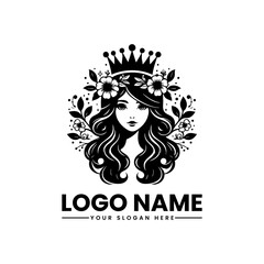 Minimalist elegant girl with floral crown, sleek royal feminine emblem for modern beauty and fashion branding