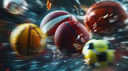 Motion blur photo of generate 3D hyper realistic composition of a tennis ball, a basketball, a soccer ball, boxing gloves and rugby ball in motion. composition that reminds competitiveness and sports