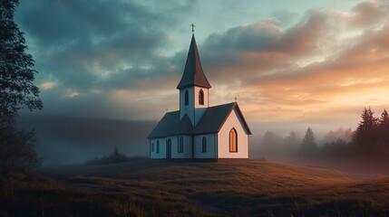 Fototapeta premium Church Building on Hillside with Foggy Morning Sunrise Landscape Scenery