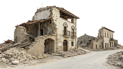 destroyed building after earthquake isolated on white background PNG. AI Generated 