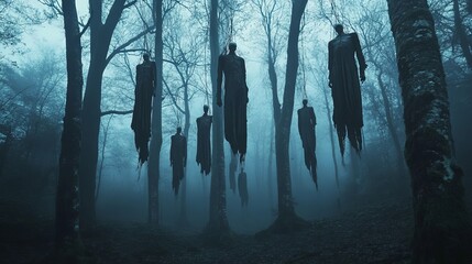 scary forest, corpses hanging from trees 