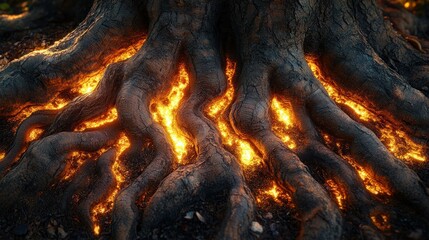 Fiery roots of ancient tree