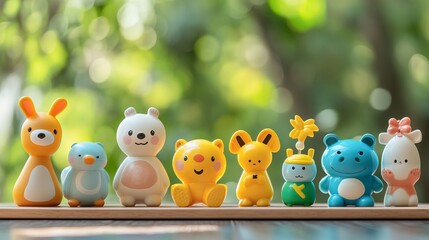 Set of different cute toys on wooden table