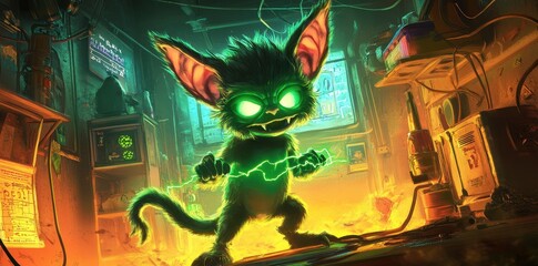 A small cartoon creature holds electrified cable inside a laboratory