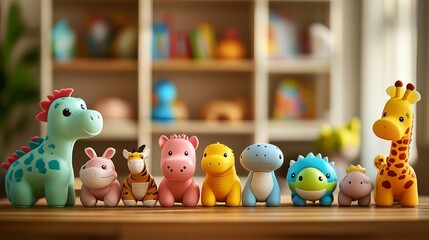 Obraz premium Set of different cute toys on wooden table