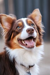 Happy Brown and White Border Collie Dog Smiling Upward Portrait