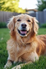 Golden Retriever Smiling and Relaxing on Green Grass in Sunny Backyard