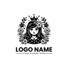 Elegant girl with crown and flowers vector logo, royal feminine emblem for beauty and luxury branding