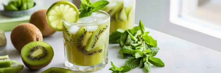 Refreshing kiwi-lime juice with fresh mint and citrus garnish – Perfect for drink advertisements, food photography, or wellness content.