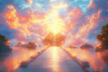 Fototapeta premium Road to paradise - blissful passage, sacred trail, spiritual direction, celestial course, eternal voyage, divine route, transcendental pathway, heavenly track, mystical ascent, ethereal journey.