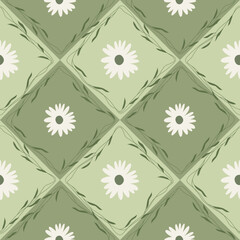 Vector green seamless pattern with daisies flowers in retro vintage style with leaves. Floral walpaper background for textile, wrapping paper.

