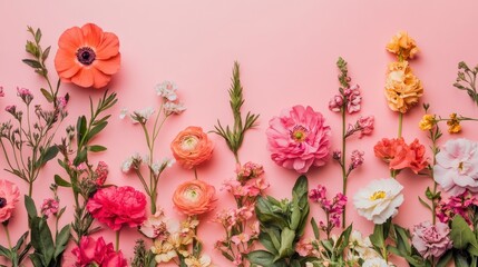 Arrangement of Colorful Flowers on a Pink Background for Floral Designs