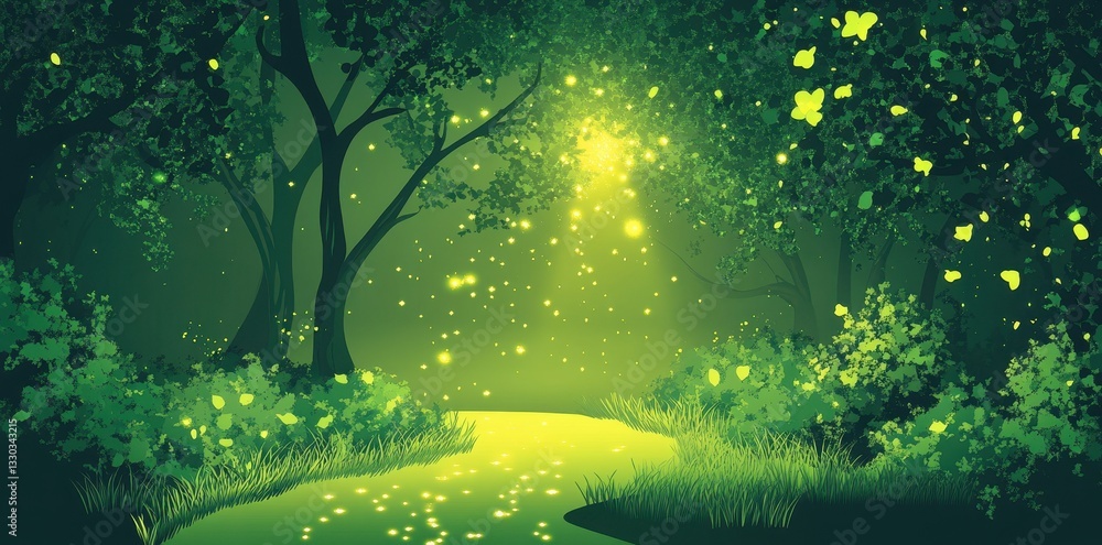 Poster a glowing forest path surrounded by trees and shimmering lights