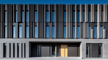 Obraz premium Modern architectural facade with rhythmic vertical elements and serene blue sky