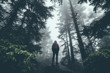 Obraz premium Self-Portrait of a Traveler Standing in a Foggy Forest A mysterious, moody shot of a lone traveler standing in the middle of a dense, fog-covered forest.