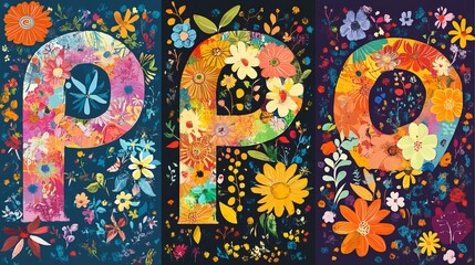 Fototapeta premium Vector set with groovy colorful retro compositions, Peace word with flowers, hippie floral clipart, Groovy retro rainbow with flowers, floral heart vector illustrations 