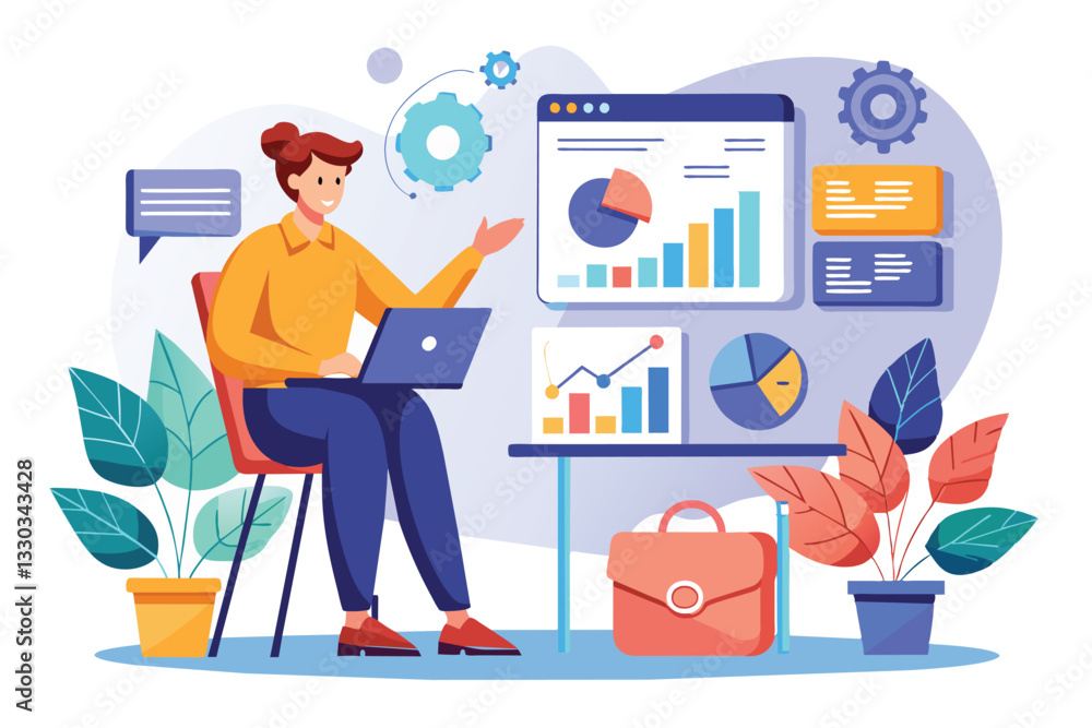 Poster a person engages in business management training, analyzing various data visualizations on a laptop,