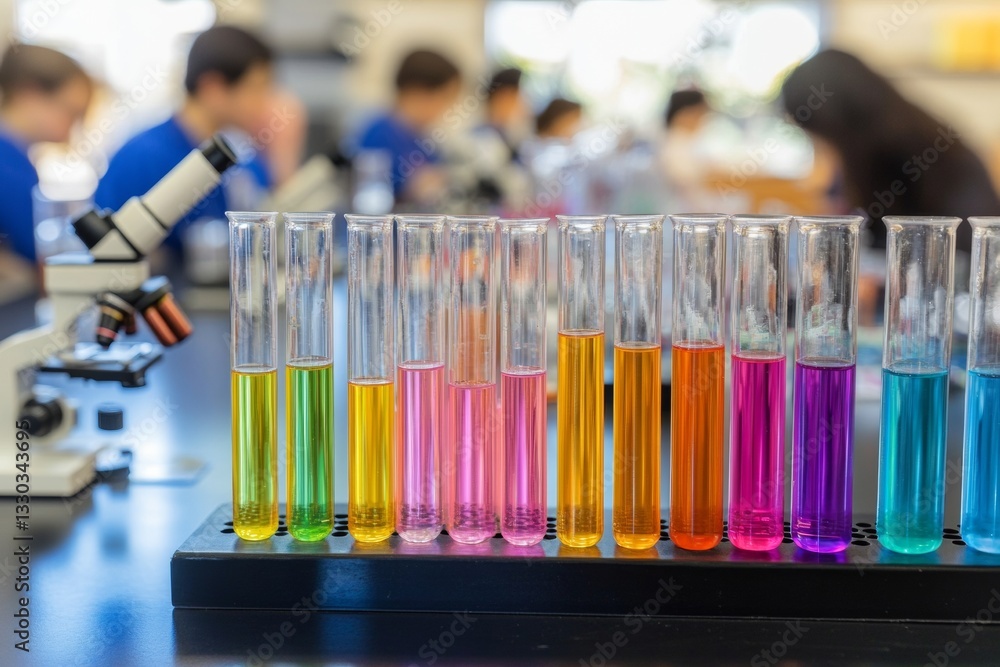 Poster students are actively conducting experiments in a lively science classroom filled with colorful test