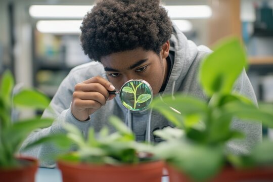 In a biology classroom, a student is intently examining a plant through a magnifying glass, focusing on its intricate features for a better understanding of botany