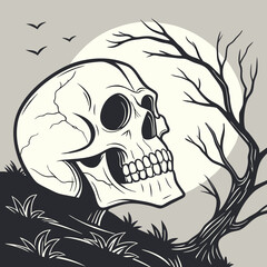 Spooky Skull with Moonlit Background – Intricate Vector Illustration