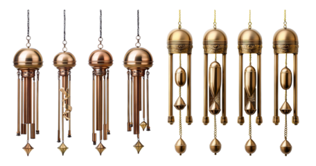 Elegant Brass Wind Chimes with Unique Designs and Distinct Sounds, PNG bundle collection, Isolated on Transparent Background