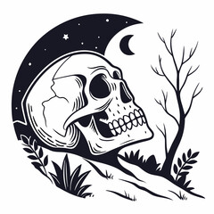 Spooky Skull with Moonlit Background – Intricate Vector Illustration
