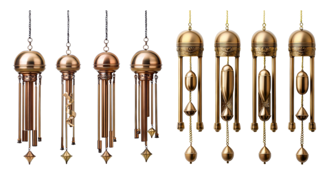 Elegant Brass Wind Chimes with Unique Designs and Distinct Sounds, PNG bundle collection, Isolated on Transparent Background