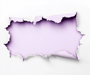 Torn white paper hole with curled edges revealing light purple background for design mockups or creative advertising concepts