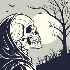 Spooky Skull with Moonlit Background – Intricate Vector Illustration