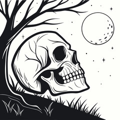 Spooky Skull with Moonlit Background – Intricate Vector Illustration