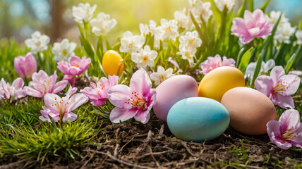 Vibrant Easter eggs rest among pink and white spring blossoms in a lush garden.