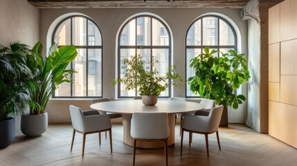 Modern round dining table in bright loft, city view