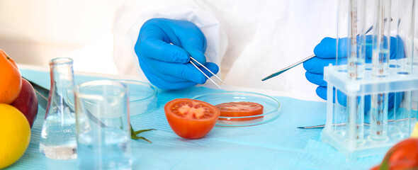 laboratory testing of different food products. Selective focus.